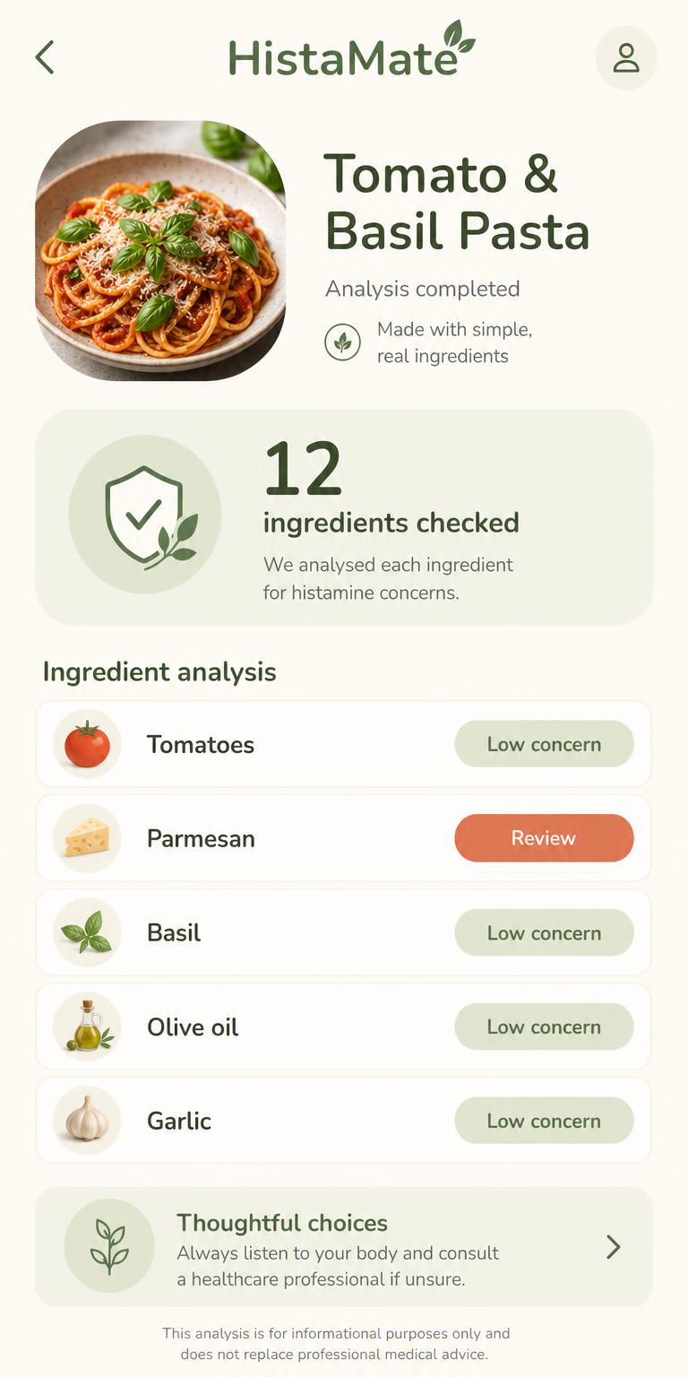 Analysis screen of the HistaMate app