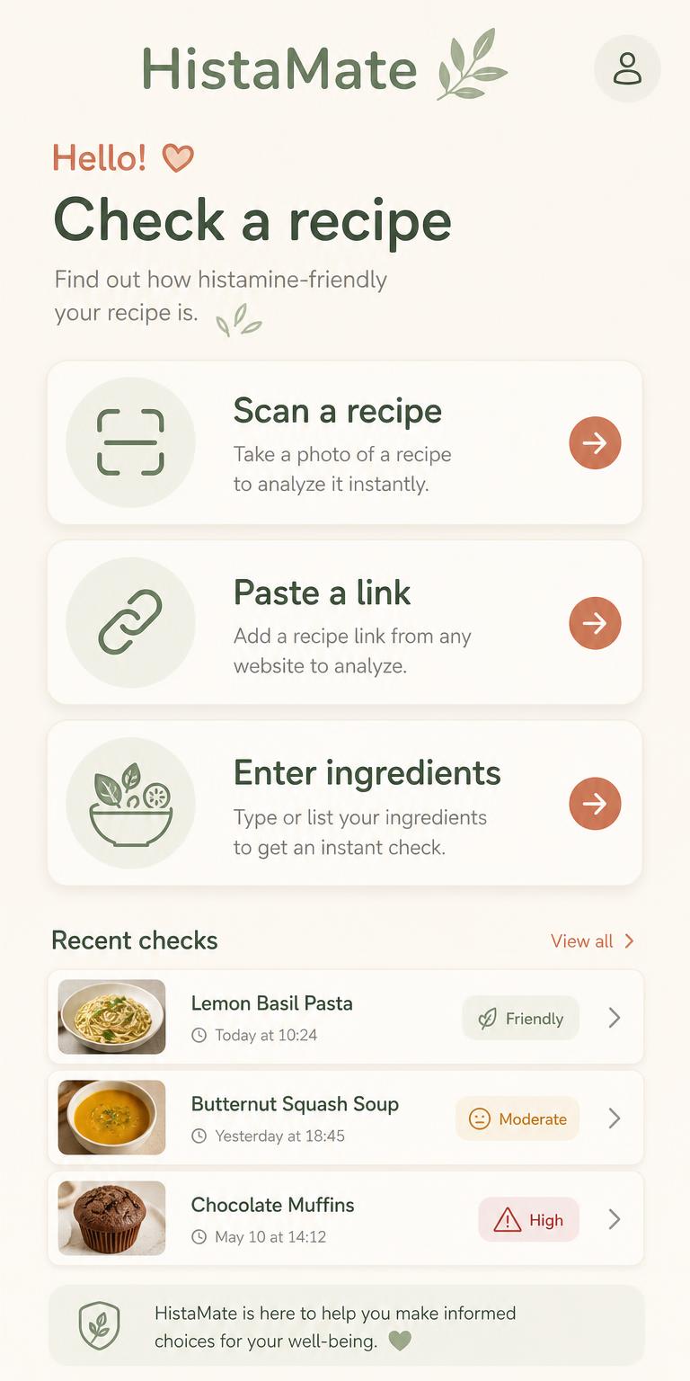 HistaMate app home screen showing recent analysed recipes