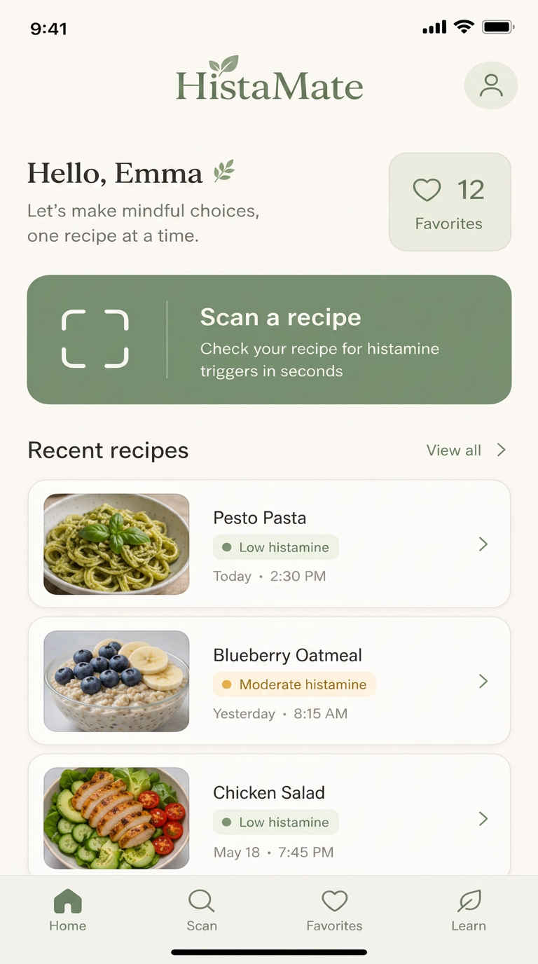 HistaMate app home screen showing recent analysed recipes