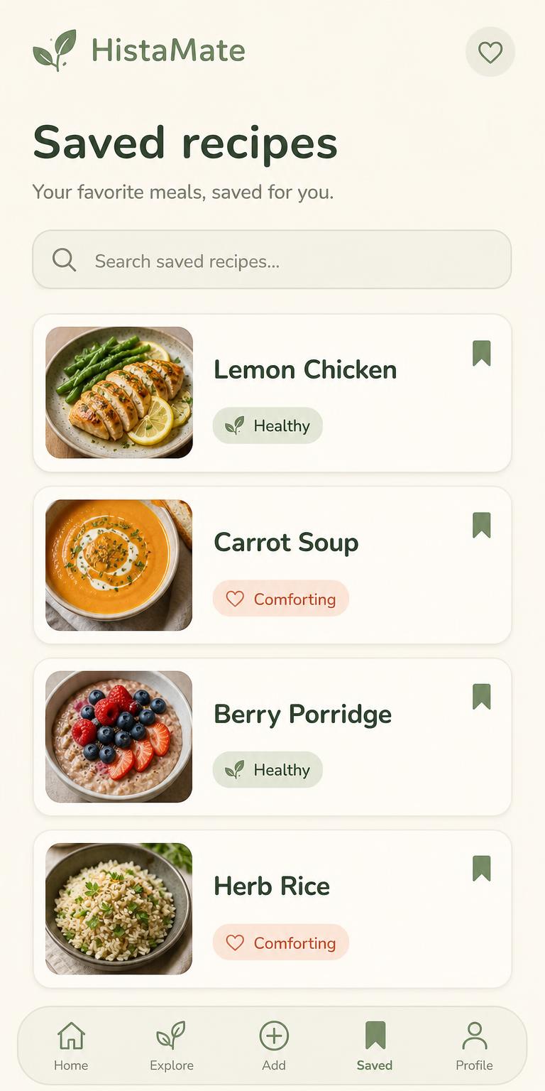 Saved Recipes screen of the HistaMate app